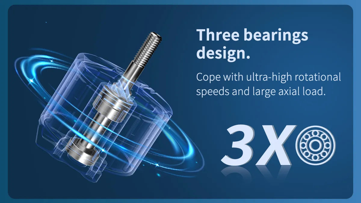 three bearings design. Cope with ultra-high rotational and large axial load