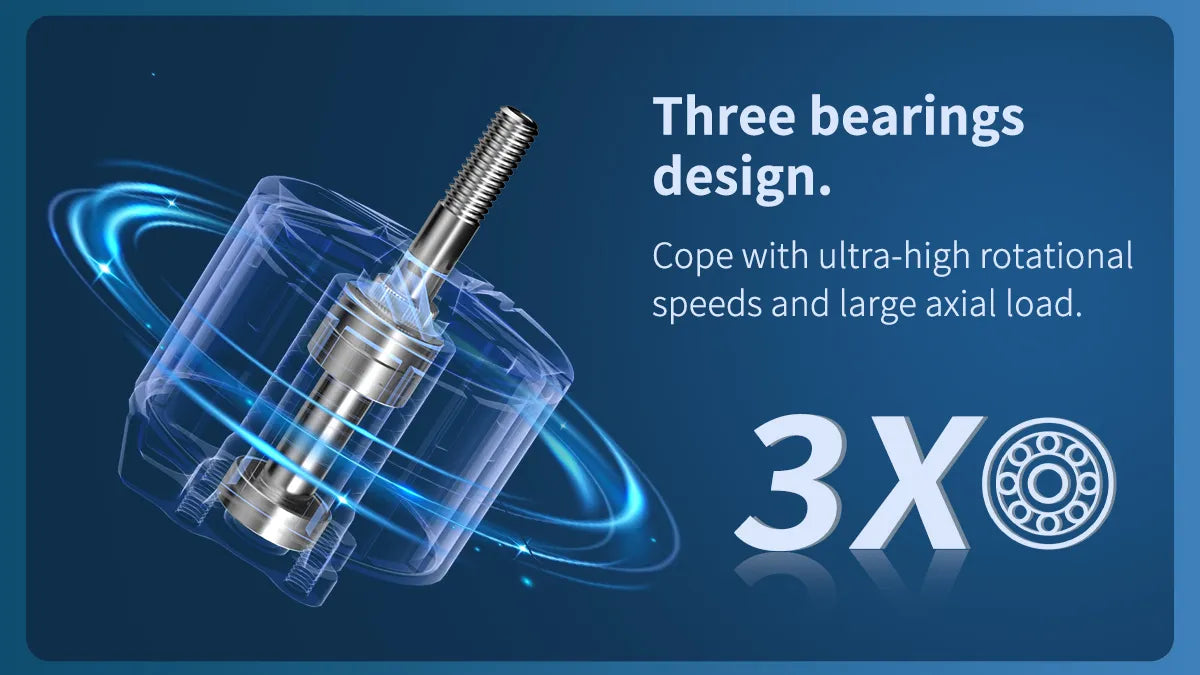 three bearings design. Cope with ultra-high rotational and large axial load 