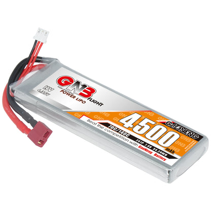 GAONENG GNB 2S 7.6V 4500mAh 70C LiHV LiPo battery with T-plug and balance lead, angled view