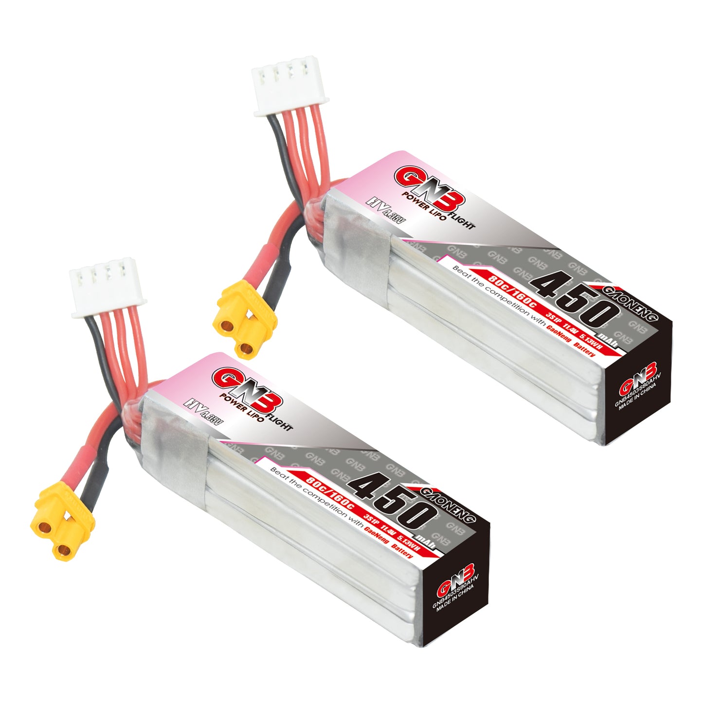 GAONENG GNB450 450mAh 3S 11.4V LiHV 80C long LiPo batteries with XT30 and balance plug (2-pack)