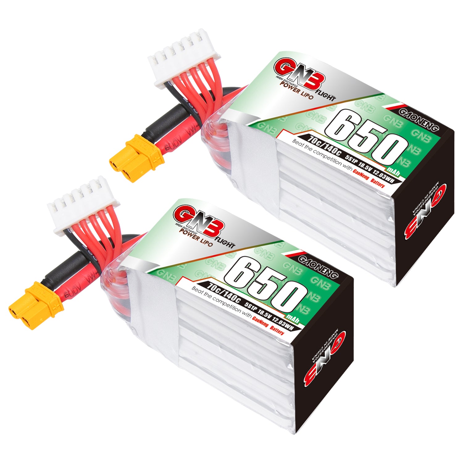Two GAONENG GNB6505S70A 5S 650mAh 70C LiPo batteries with XT30 connector and balance plug