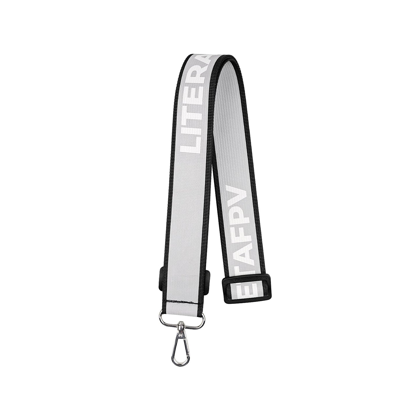Grey BETAFPV LiteRadio neck strap with black edging, adjustable slider, and swivel snap hook