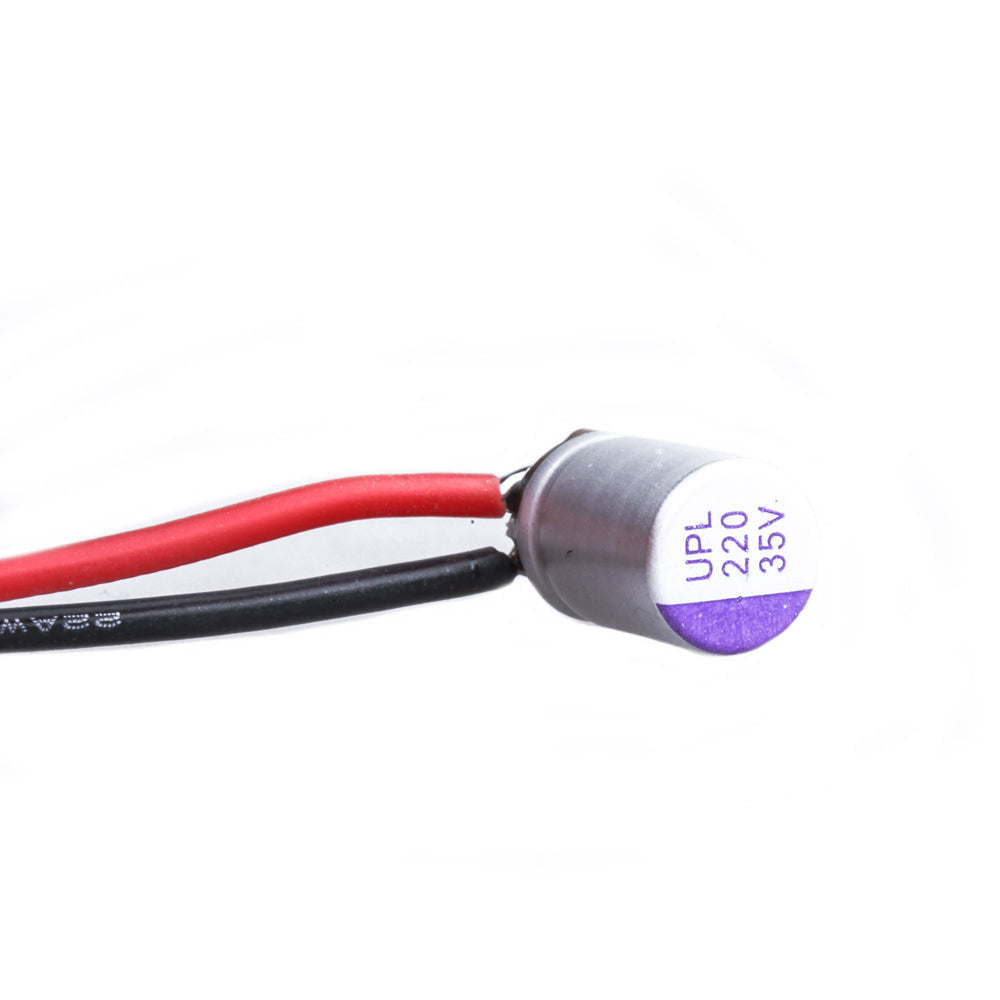 UPL 220 35V electrolytic capacitor with pre-soldered red and black leads for FPV power filtering