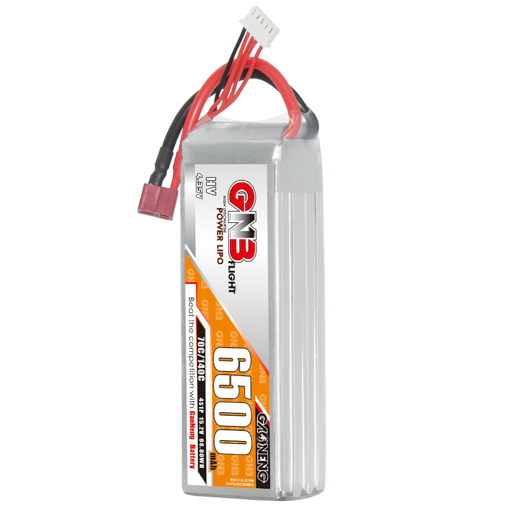 GAONENG GNB6500 4S HV 15.2V 6500mAh 70C LiPo battery with T-plug and balance lead, upright