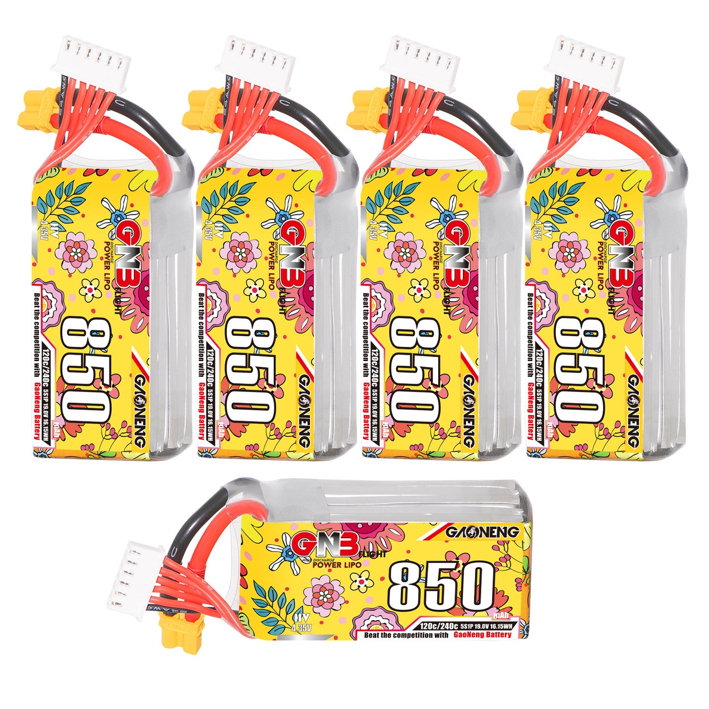 Multi-view set: four upright GNB 850 batteries plus one horizontal showing label and leads