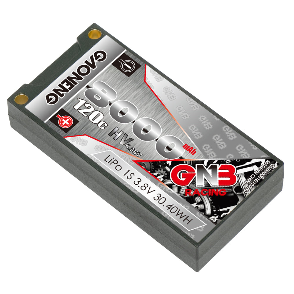 Angled view of GAONENG GNB 8000mAh 120C 1S LiHV hard case LiPo battery