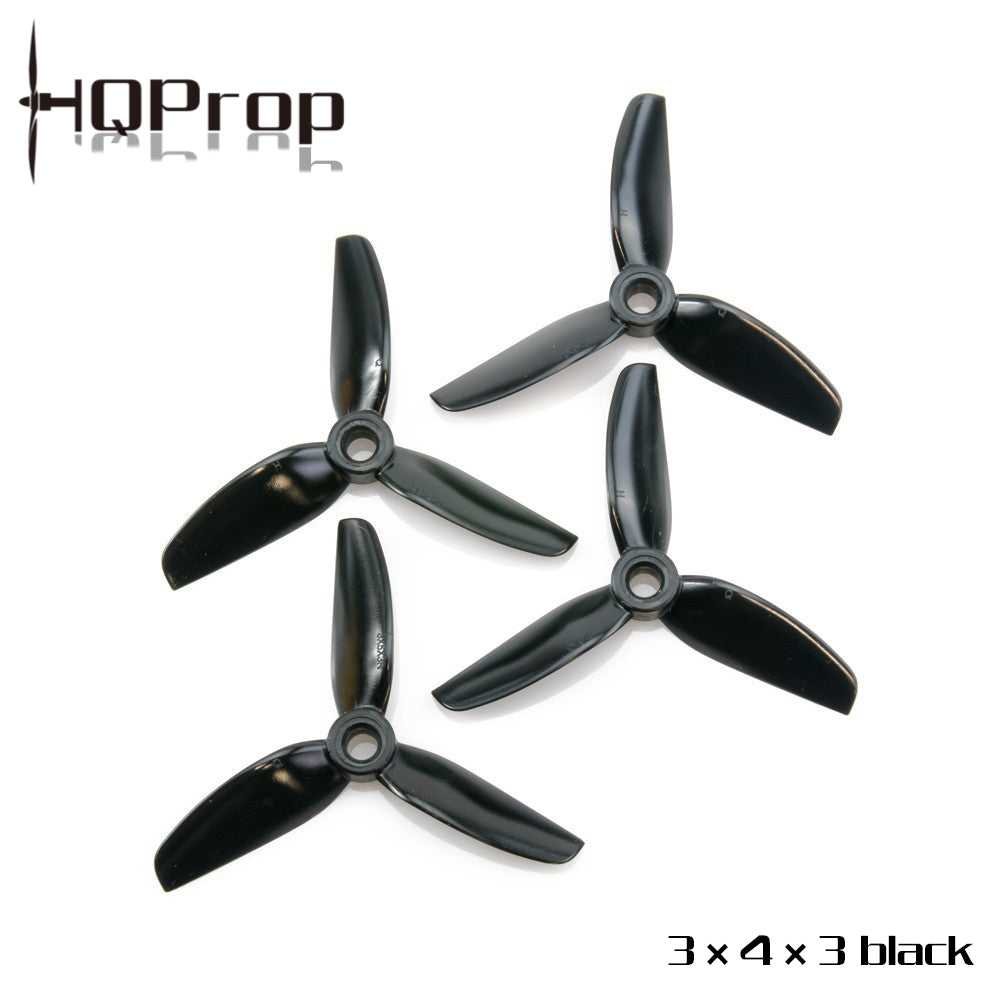 HQProp 3x4x3 tri-blade propellers 4-pack in black, top view with HQProp logo