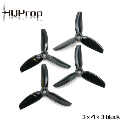 HQProp 3x4x3 tri-blade propellers 4-pack in black, top view with HQProp logo