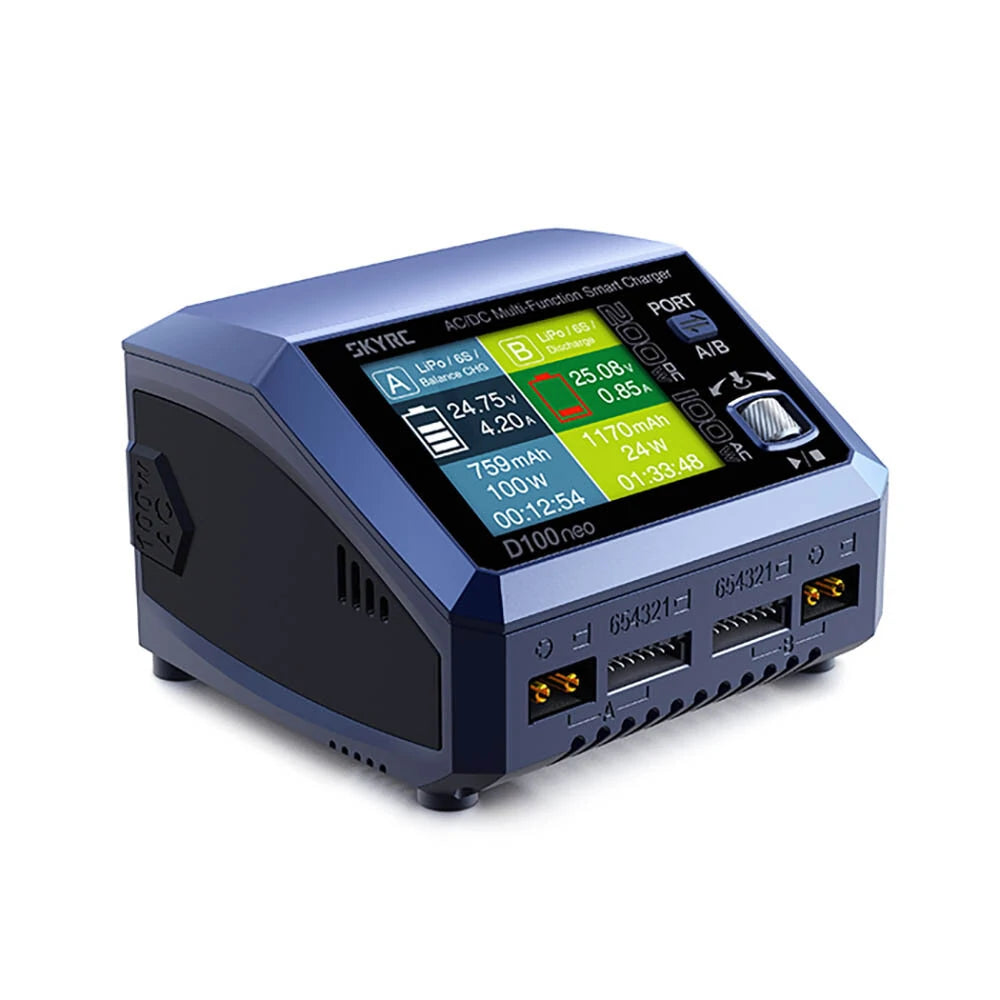 SkyRC D100neo dual channel smart charger with color screen and front output ports for channels A and B