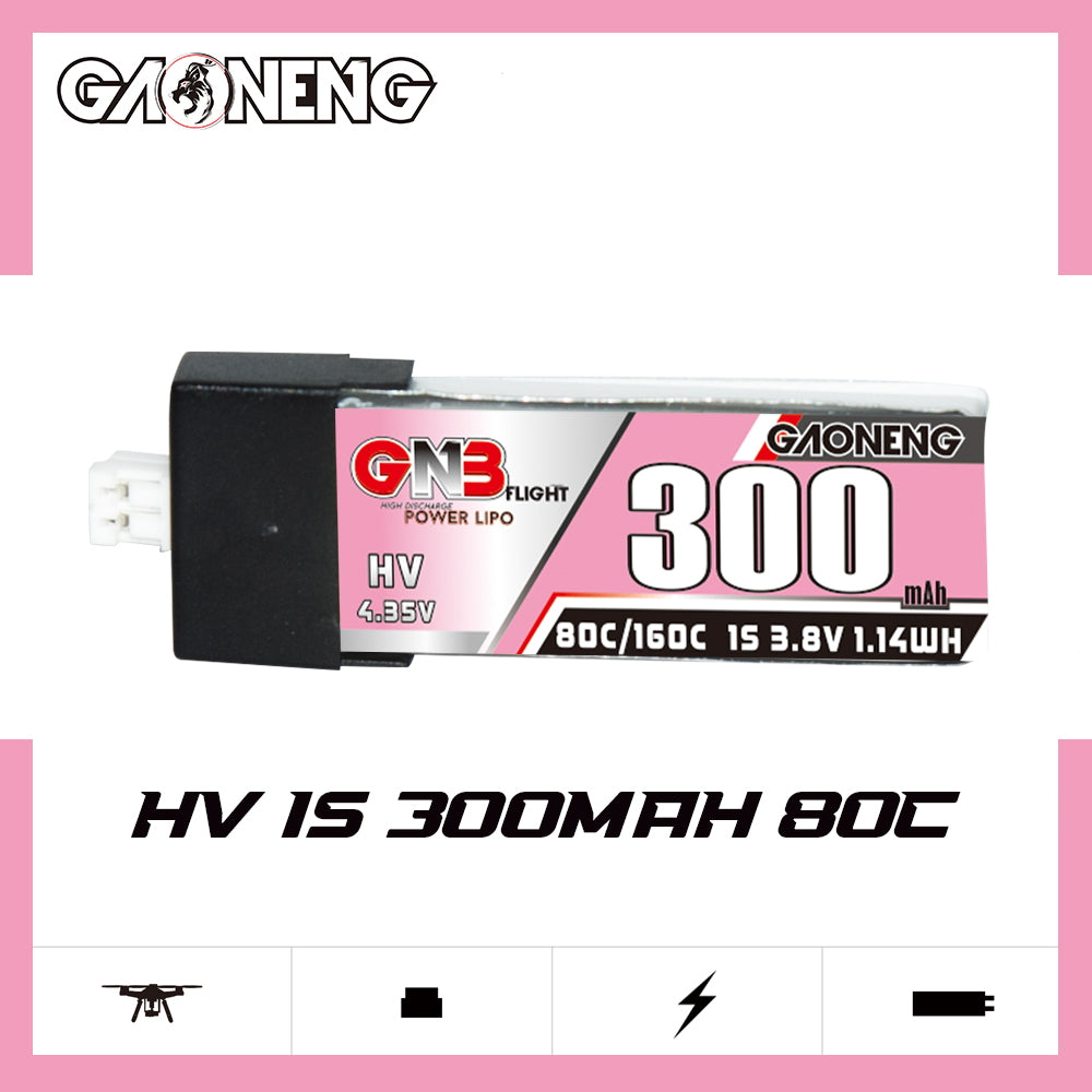 GAONENG GNB HV 1S 300mAh 80C LiHV battery side label view showing 3.8V and 1.14Wh