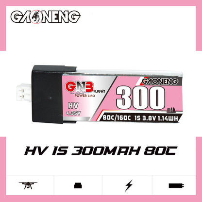 GAONENG GNB HV 1S 300mAh 80C LiHV battery side label view showing 3.8V and 1.14Wh