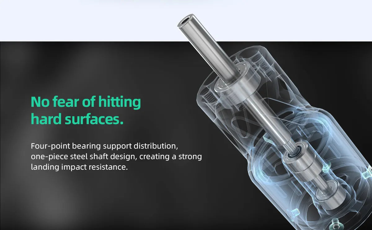 four-point bearing support distribution, one-piece steel shaft design . creating a strong