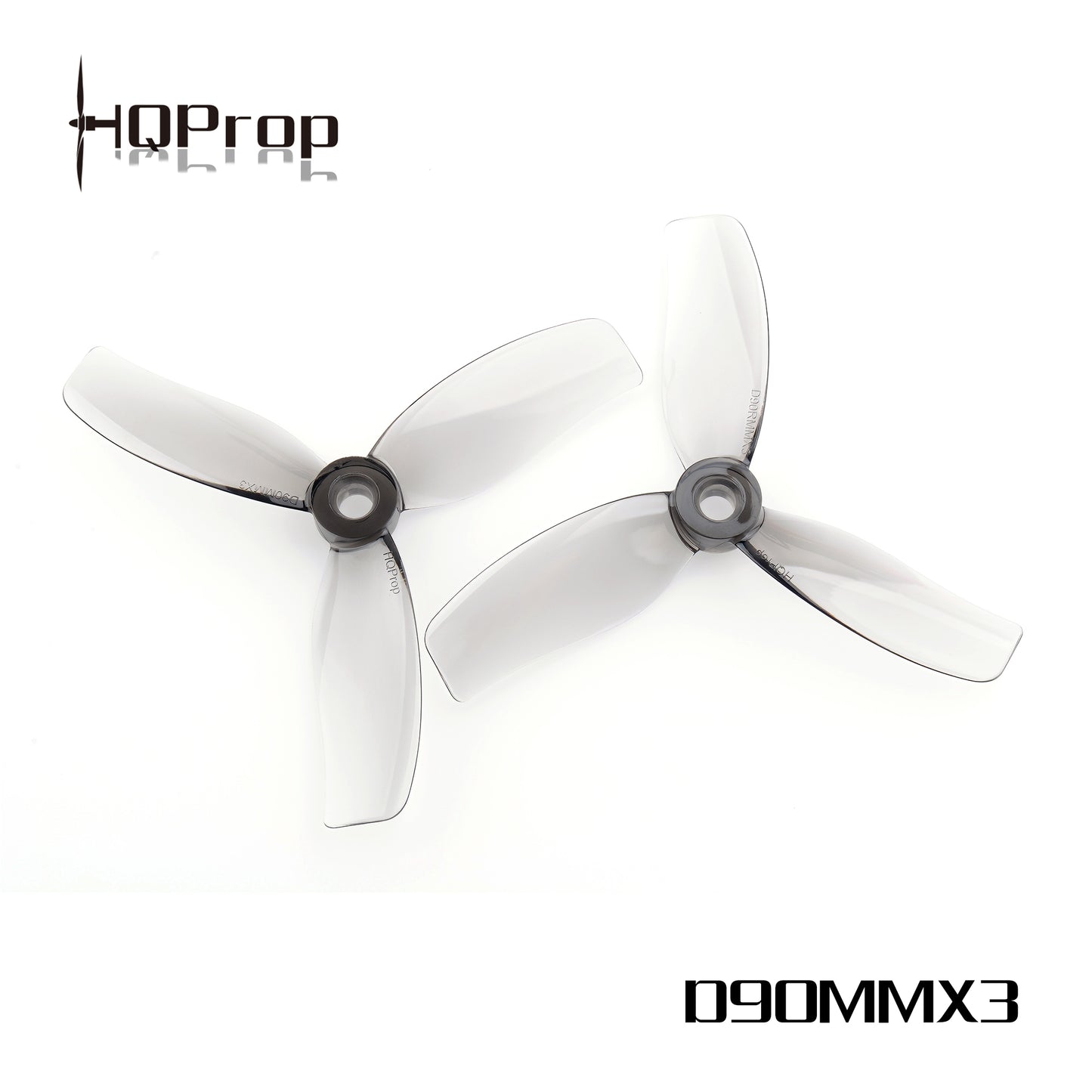 HQProp D90MMX3 90mm 3-blade cinewhoop propeller set, translucent grey blades with logo graphic
