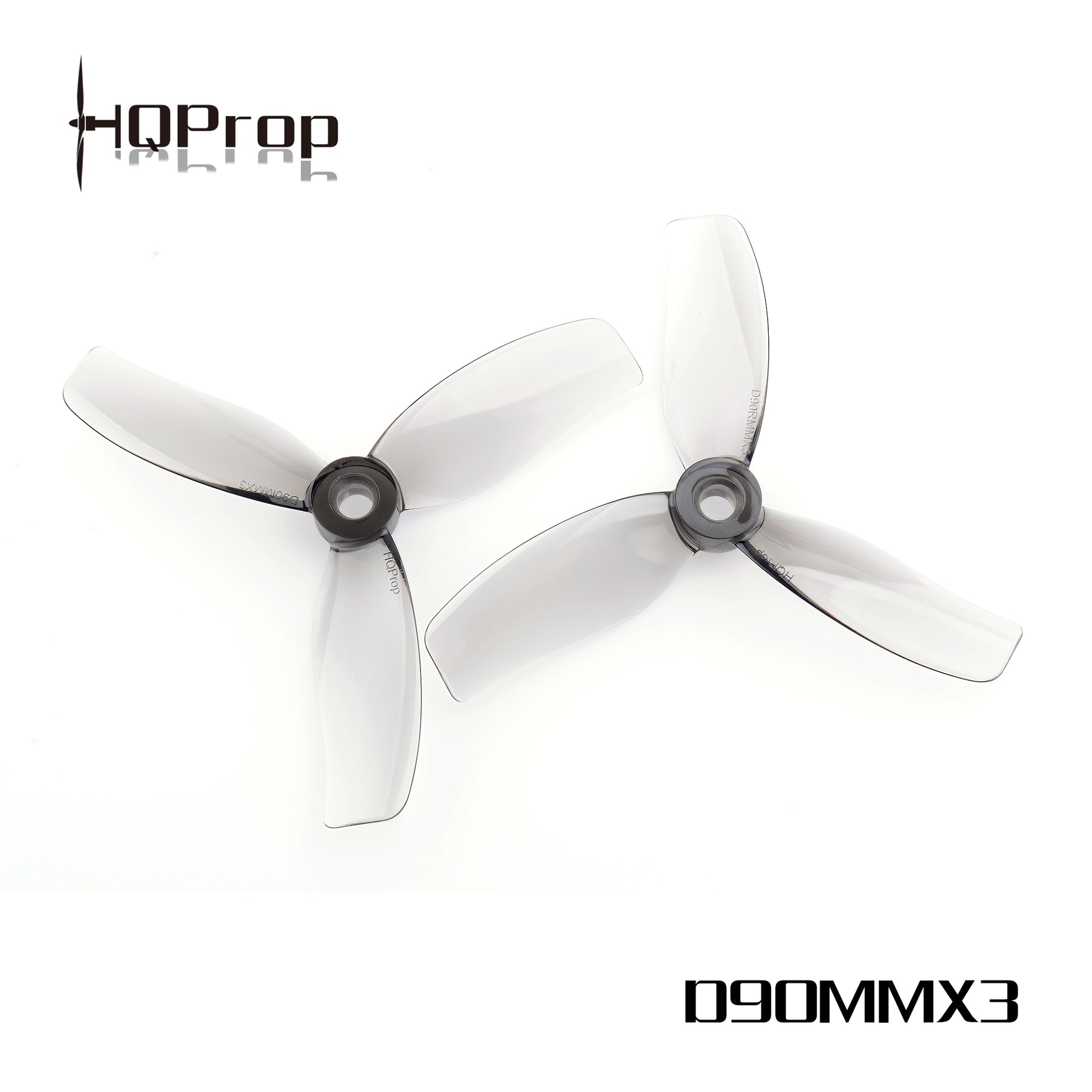 HQProp D90MMX3 90mm 3-blade cinewhoop propeller set, translucent grey blades with logo graphic