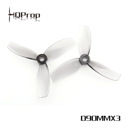 HQProp D90MMX3 90mm 3-blade cinewhoop propeller set, translucent grey blades with logo graphic