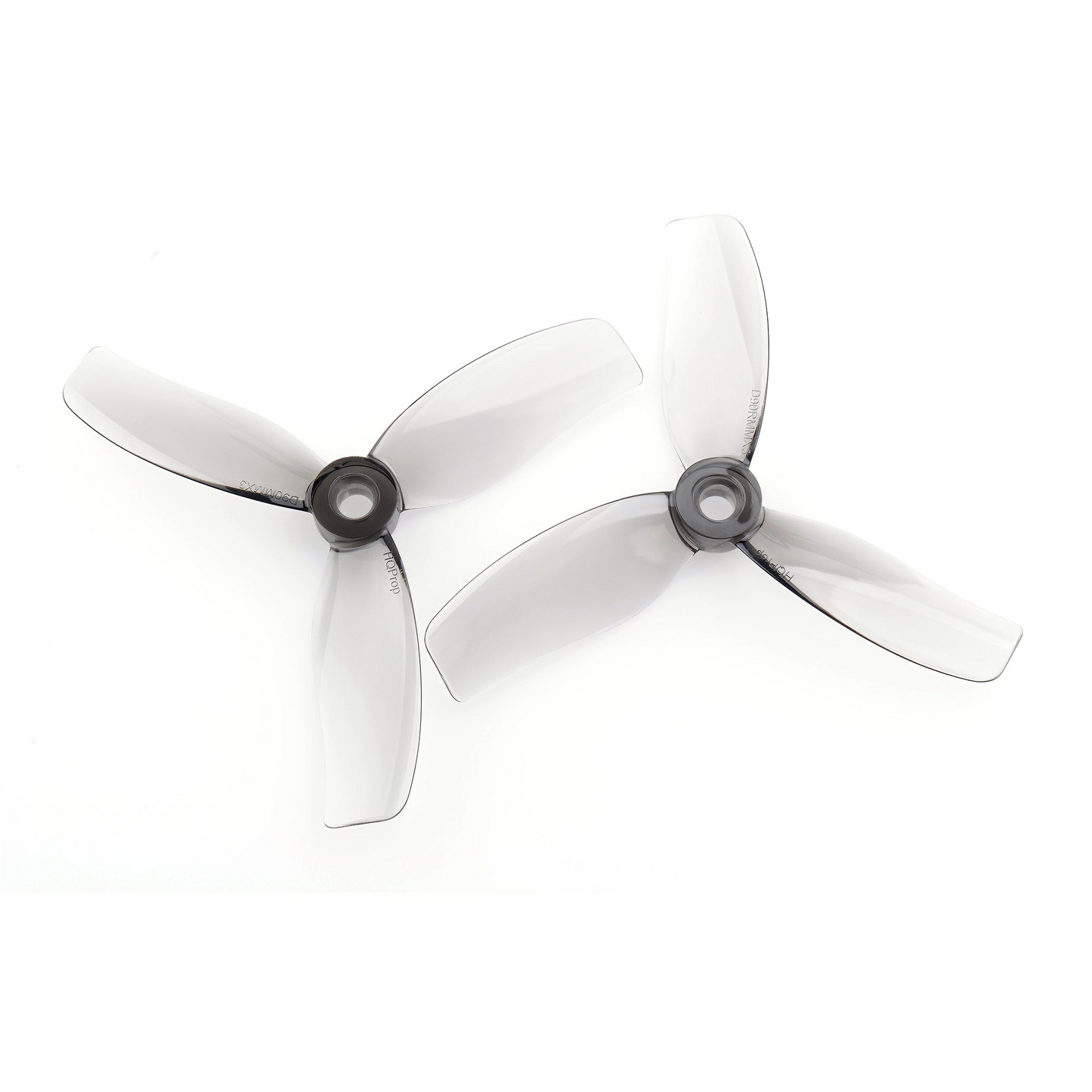 HQProp D90MMX3 90mm 3-blade cinewhoop propellers, translucent grey pair on white background