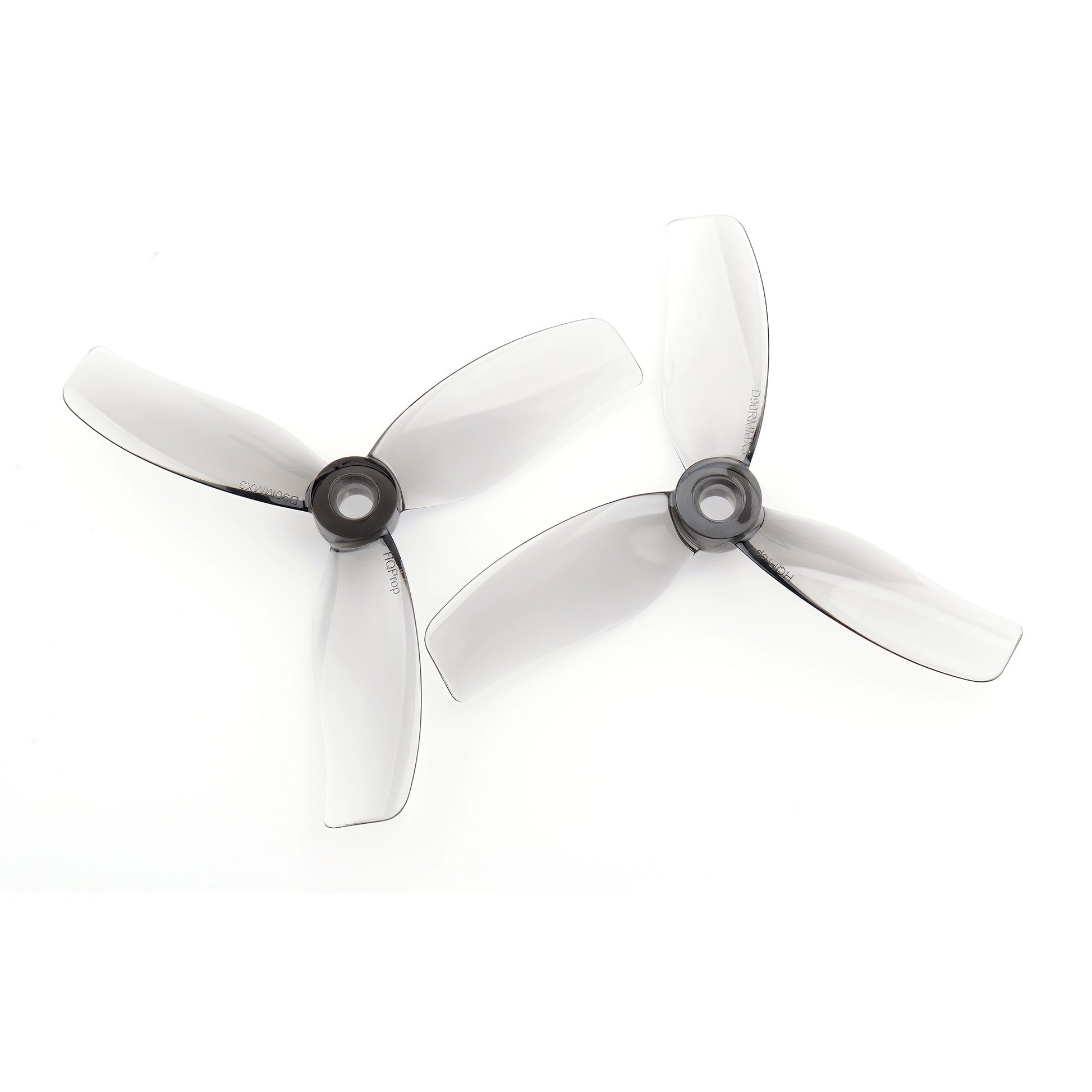 HQProp D90MMX3 90mm 3-blade cinewhoop propellers, translucent grey pair on white background