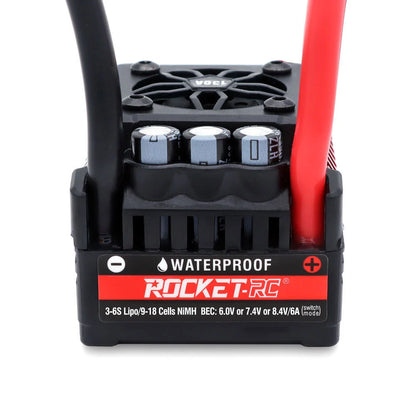 Rocket-RC Supersonic V2 Waterproof Brushless ESC front view with cooling fan and battery leads