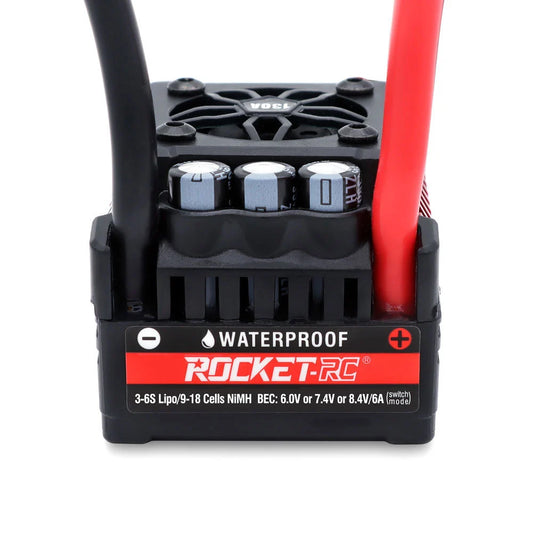Rocket-RC Supersonic V2 Waterproof Brushless ESC front view with cooling fan and battery leads