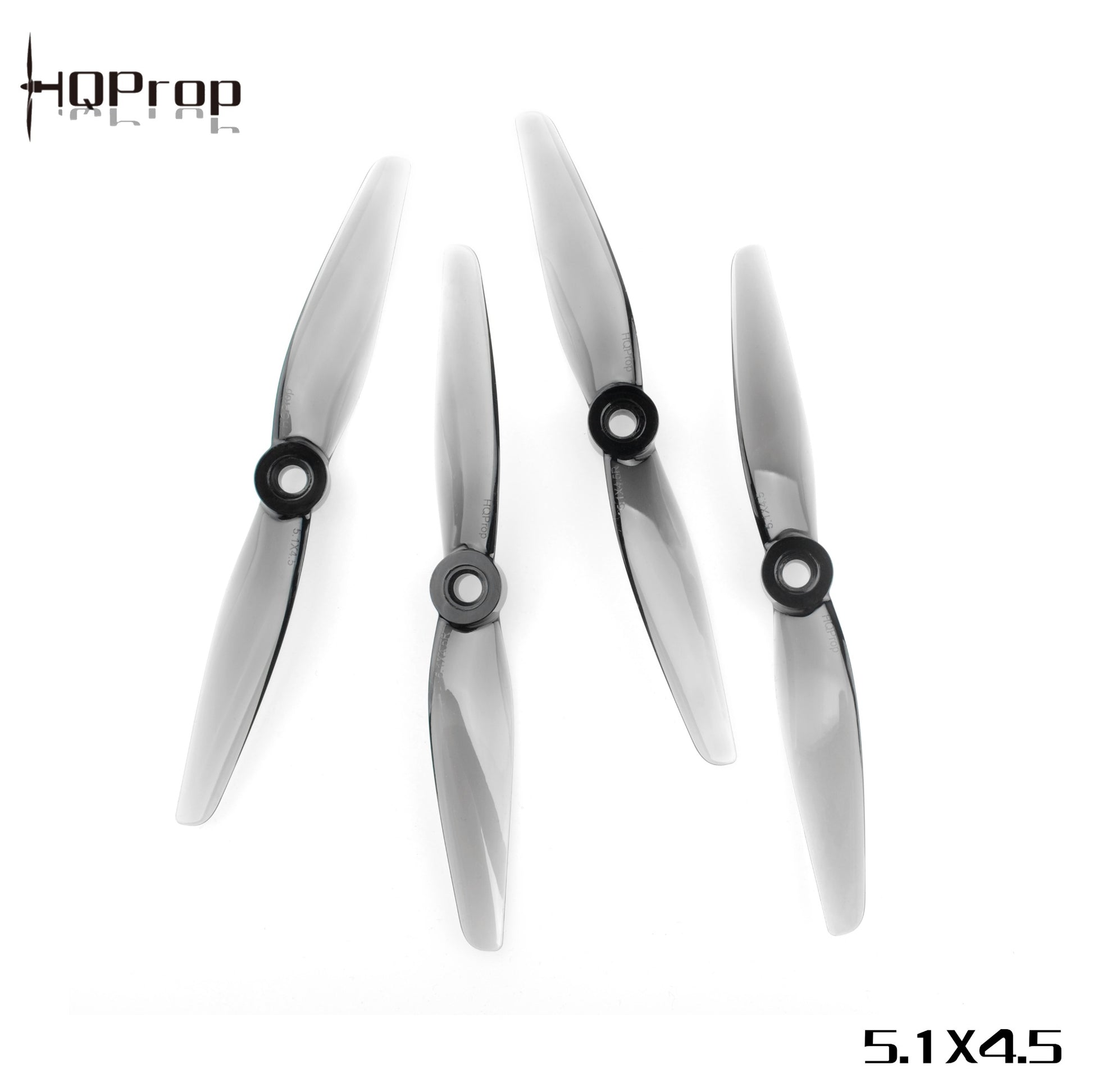 HQProp propellers shown with 5.1x4.5 size marking, four grey translucent two-blade props on white