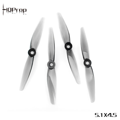 HQProp propellers shown with 5.1x4.5 size marking, four grey translucent two-blade props on white