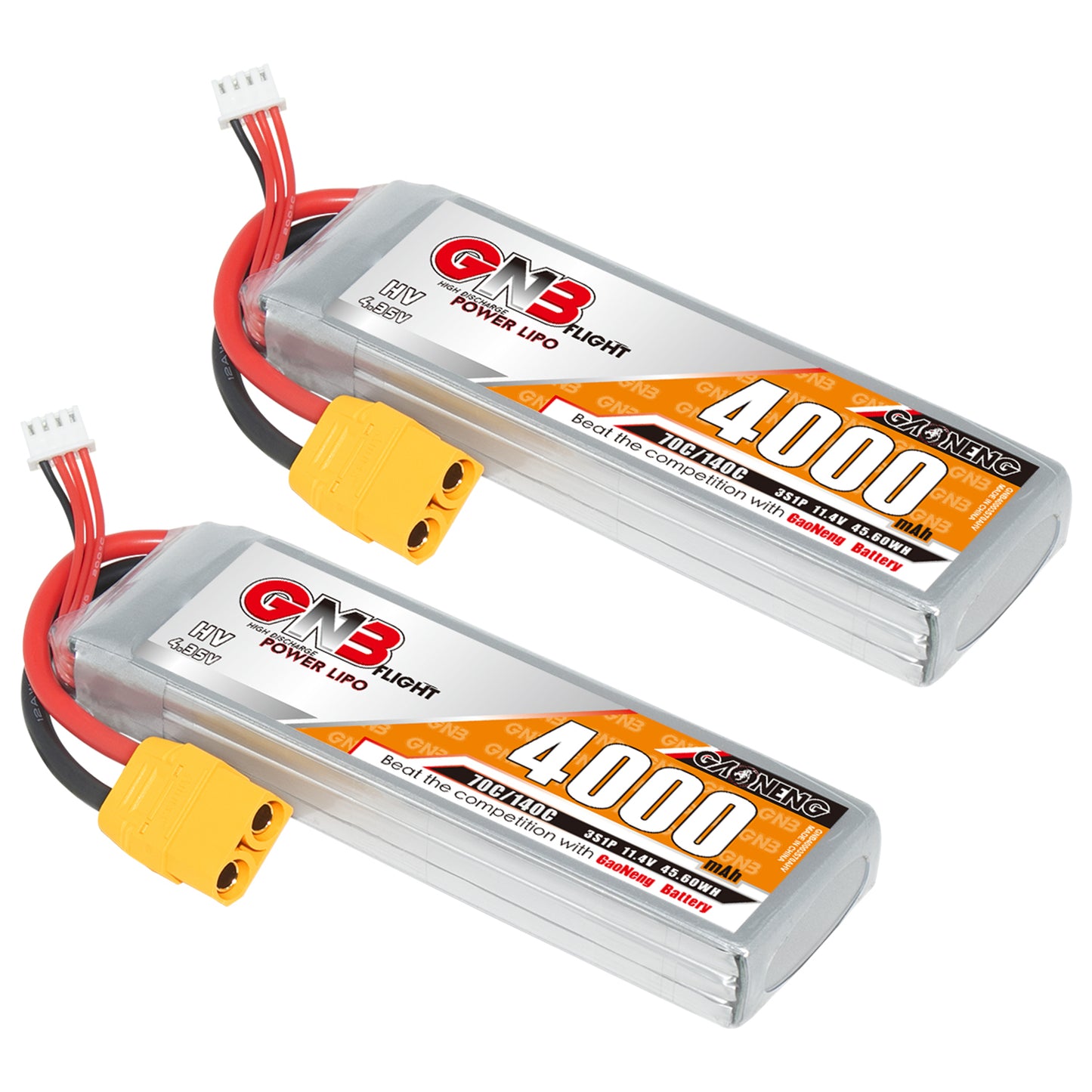 Two GNB 4000mAh LiHV LiPo batteries shown side by side with XT90 connectors