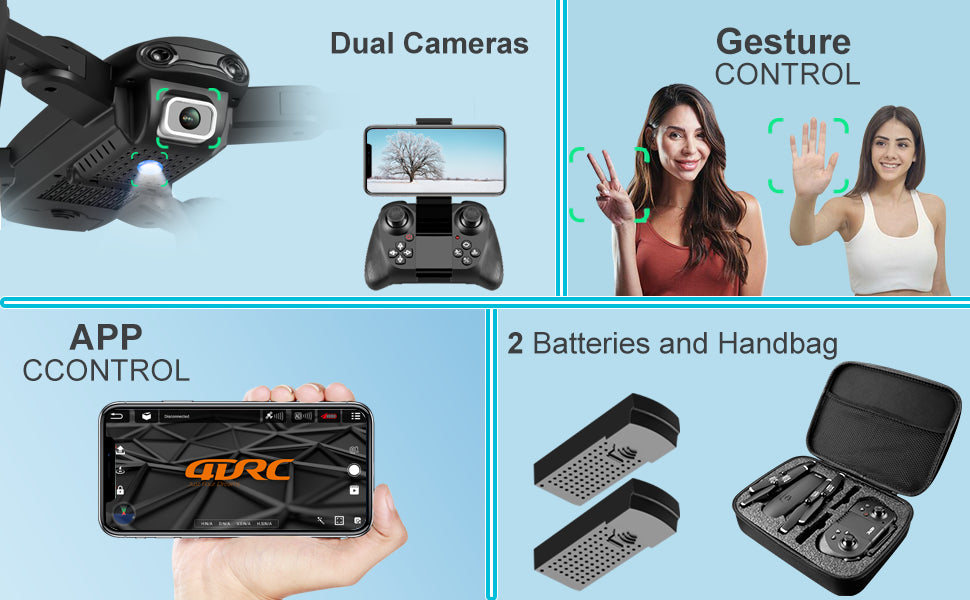 DRONEEYE 4DF6 Drone, dual cameras gesture control app 2 batteries and handbag ccontrol du
