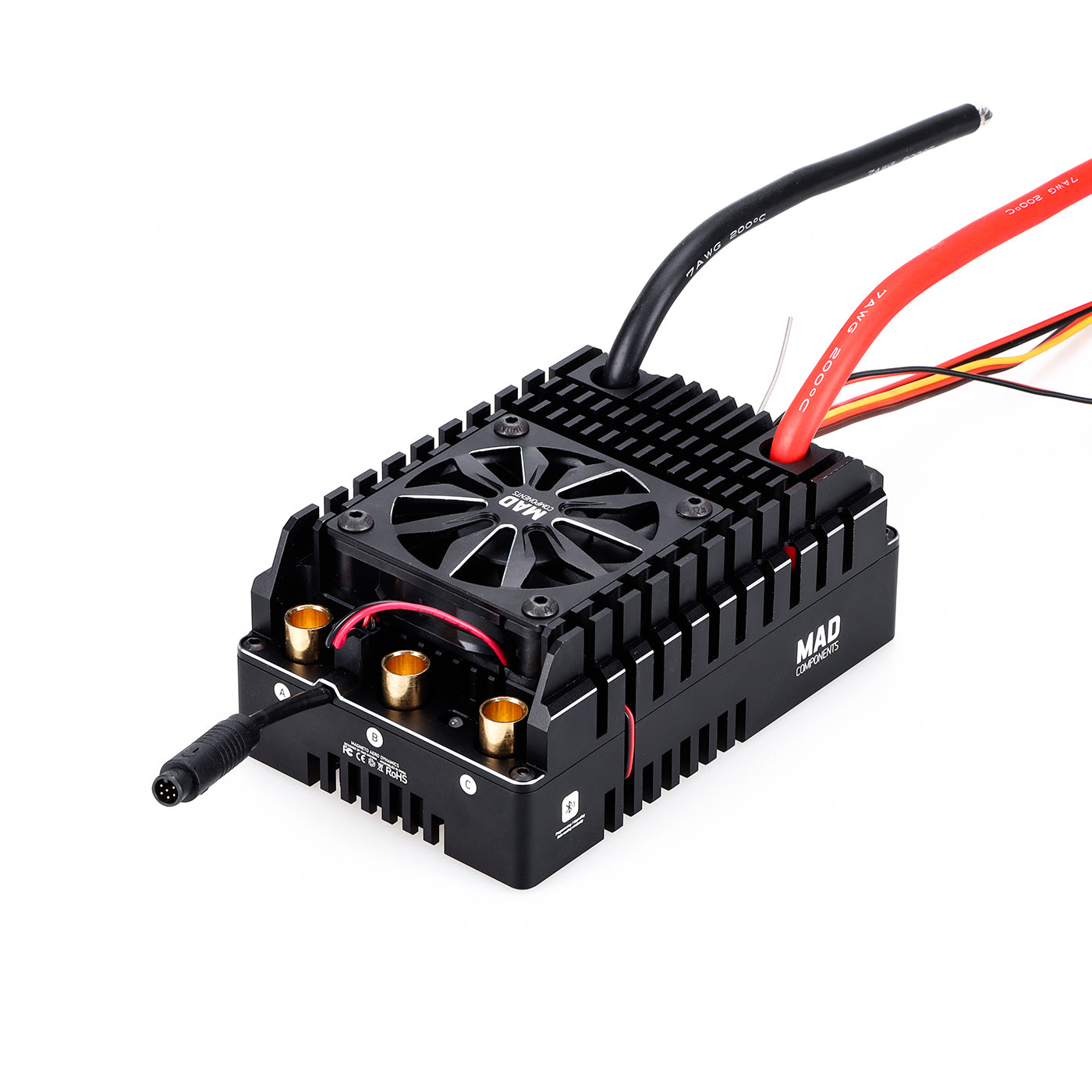 MAD MAX15 300A HV 6-12S Brushless Sensored ESC, MAD Max15 brushless sensored ESC with cooling fan, heavy-gauge power leads, and three motor bullet terminals