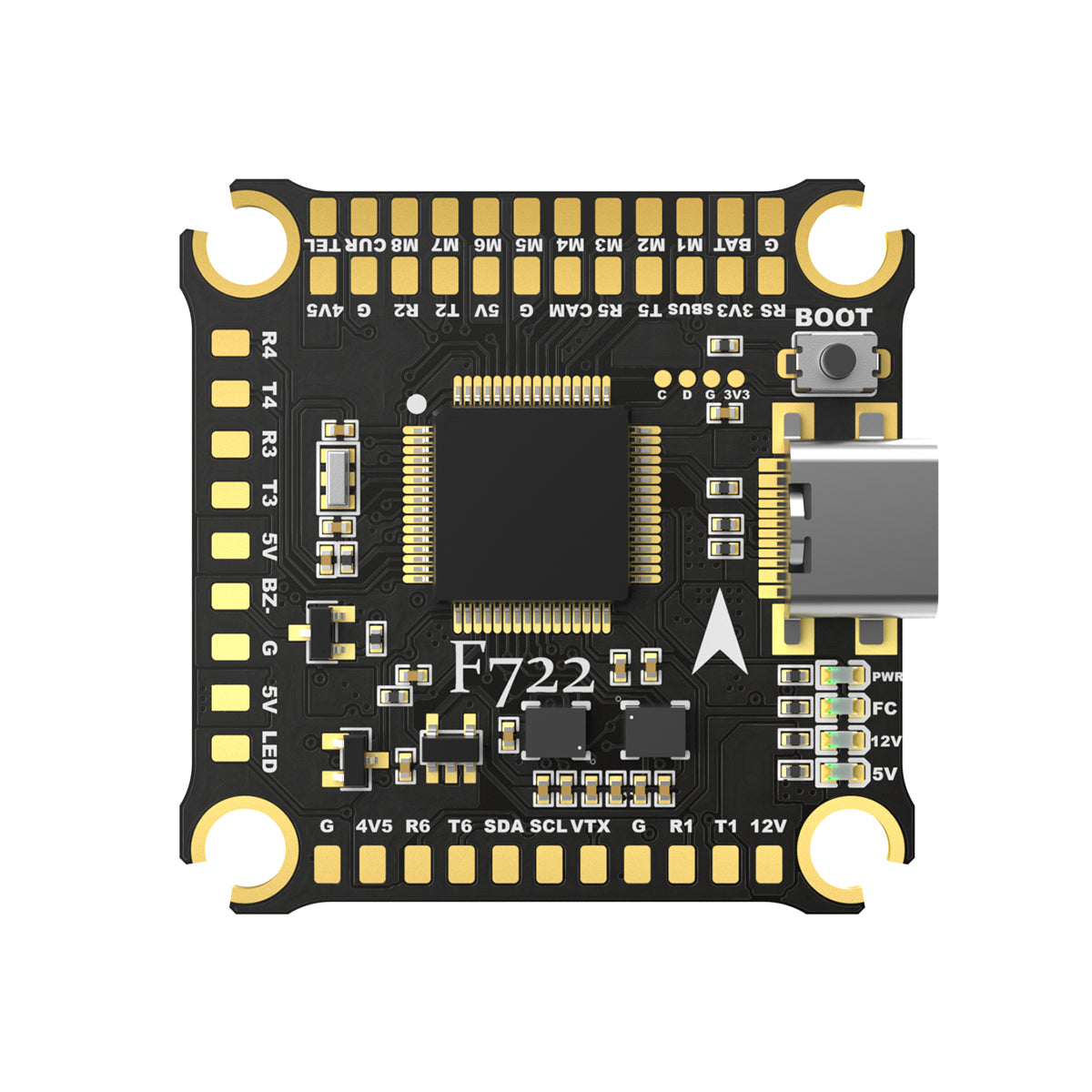 BrotherHobby Returner F722 flight controller board with USB-C port, BOOT button, and labeled solder pads