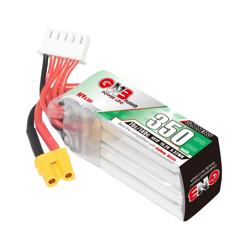 Angled view of GNB 350mAh 4S LiHV LiPo battery showing label, XT30 plug and white balance connector