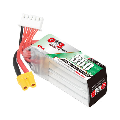 Angled view of GNB 350mAh 4S LiHV LiPo battery showing label, XT30 plug and white balance connector