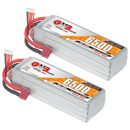 Two GAONENG GNB6500 4S HV 6500mAh LiPo batteries shown side by side with T-plug connectors