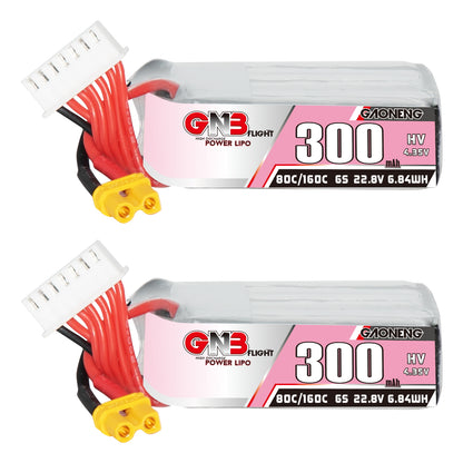 GAONENG GNB3006S80AHV 6S 300mAh LiHV 80C XT30 FPV drone battery, label side view (2 shown)