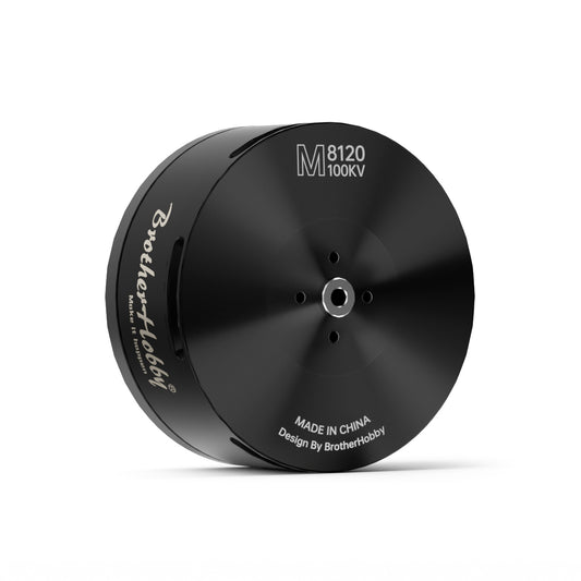 BrotherHobby MAX 8120 Motor, BrotherHobby MAX M8120 100KV brushless motor in black, top view with central shaft mount and vent slots