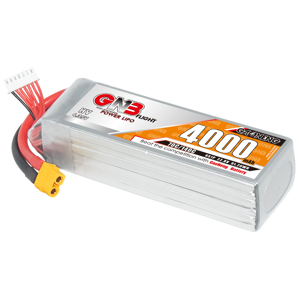 Angled side view of GNB 4000mAh LiHV pack showing casing and label with XT60 lead