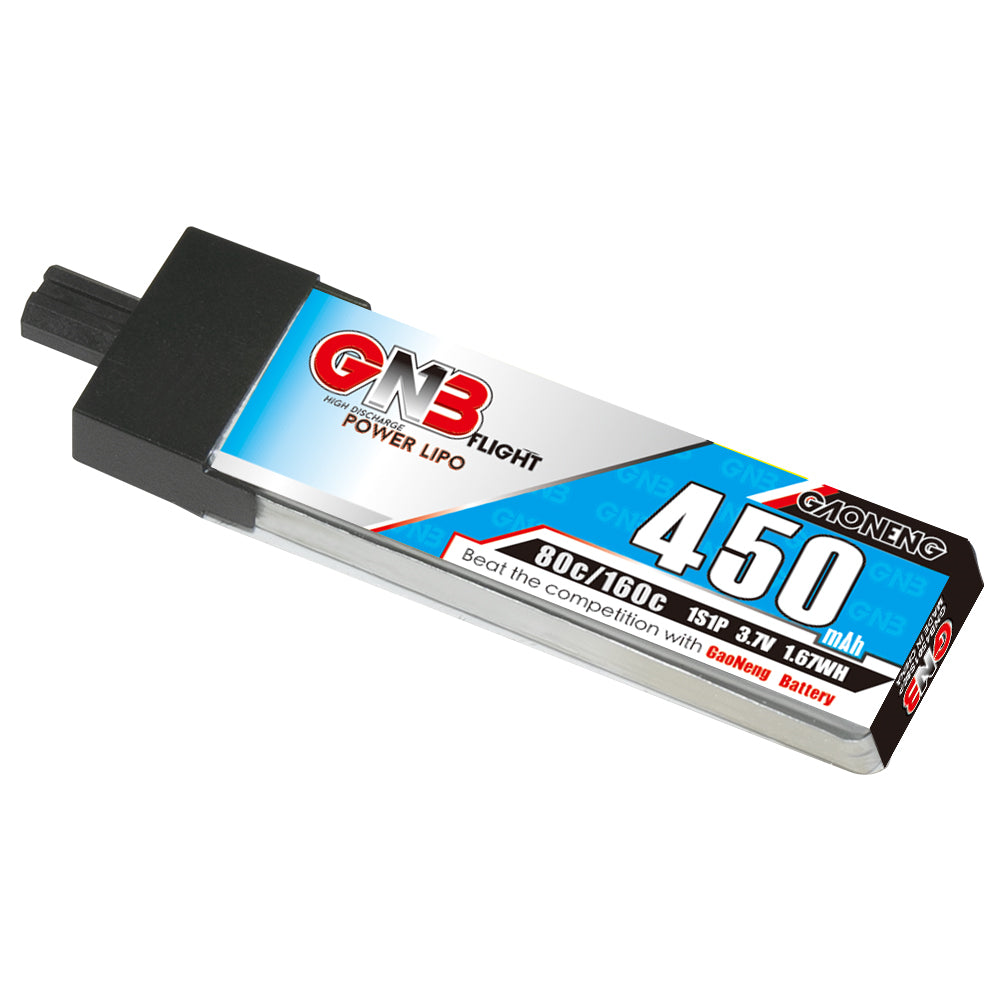 GAONENG GNB4501S80P 1S 3.7V 450mAh 80C LiPo battery with GNB27 long connector, angled view