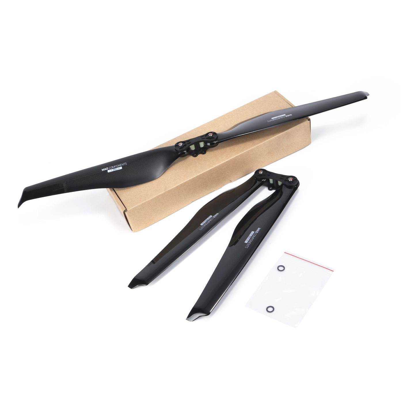 Black carbon fiber folding propeller set with hub hardware and packaging box for drone or UAV