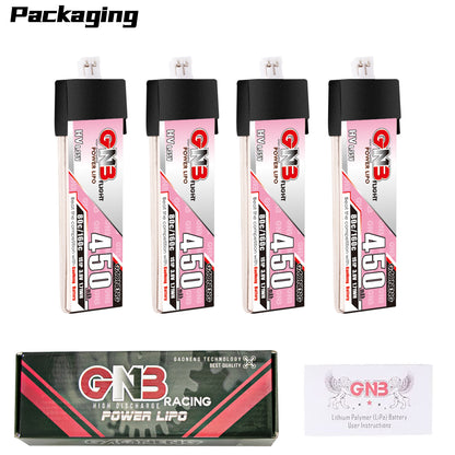 Packaging contents shown: four GNB 450mAh 1S batteries, GNB Racing Power LiPo box, user guide