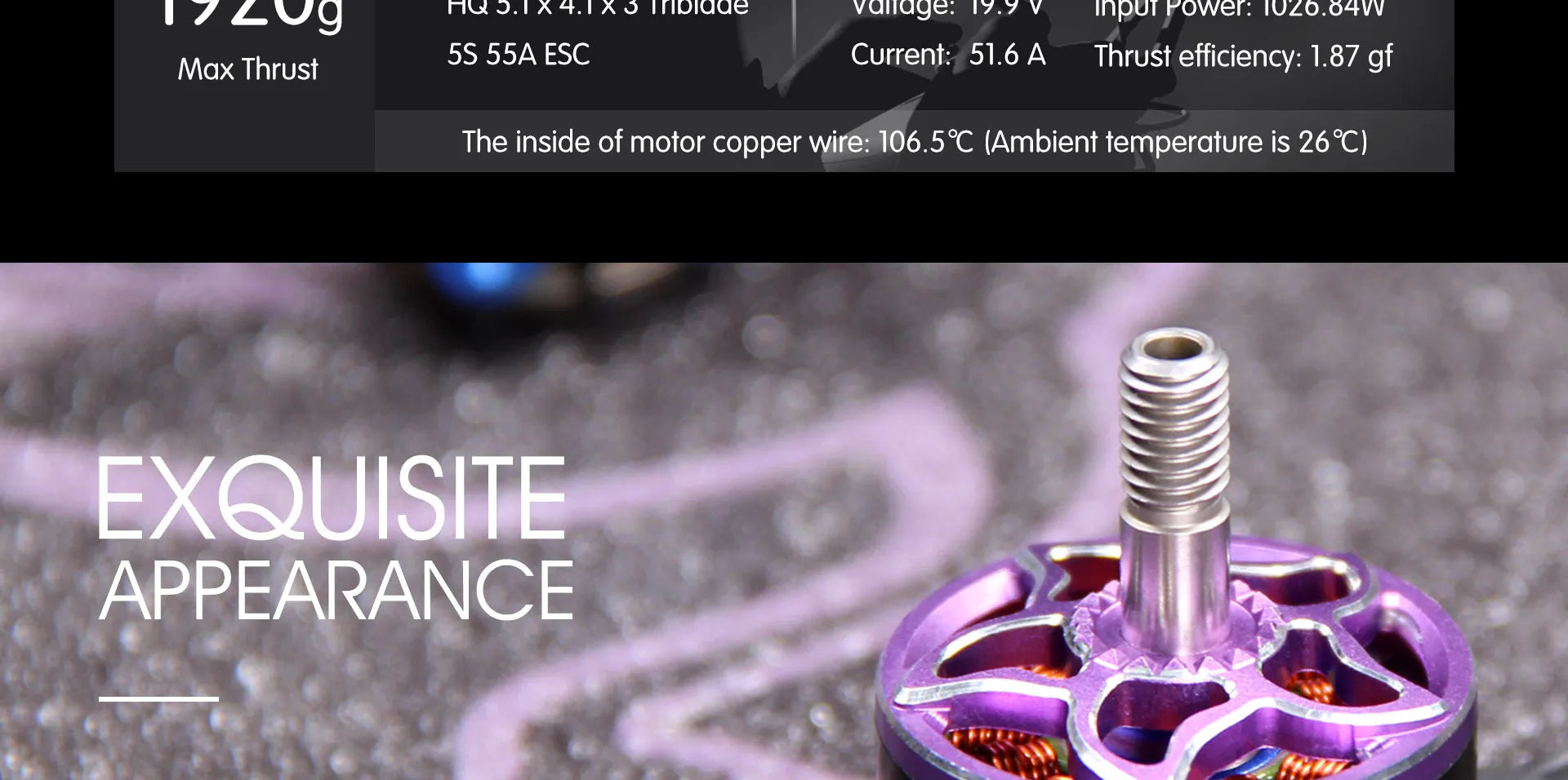 BrotherHobby VS 2207 Motor, Lug Max Thrust 5S 55A ESC Current: 51.6 A Thrust efficiency