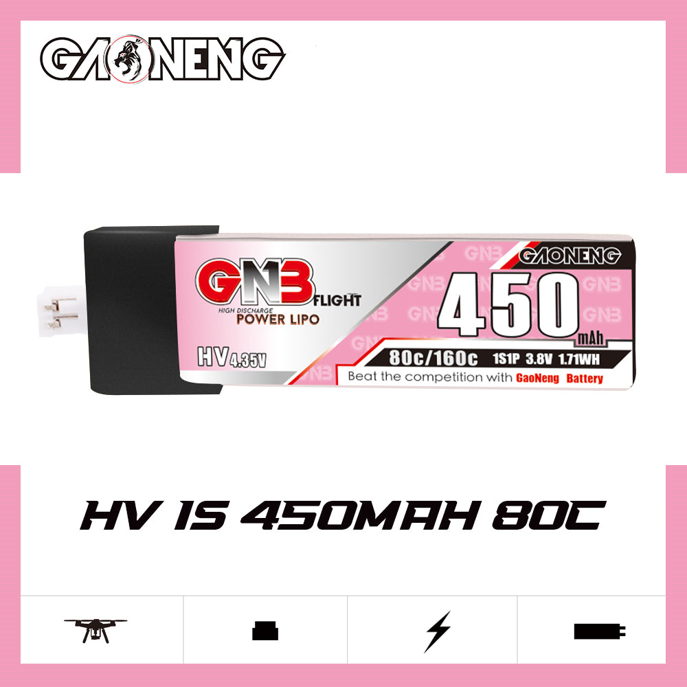 GNB450 1S LiHV 450mAh 80C battery side view with GAONENG branding and spec icons