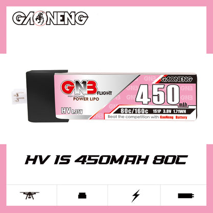 GNB450 1S LiHV 450mAh 80C battery side view with GAONENG branding and spec icons