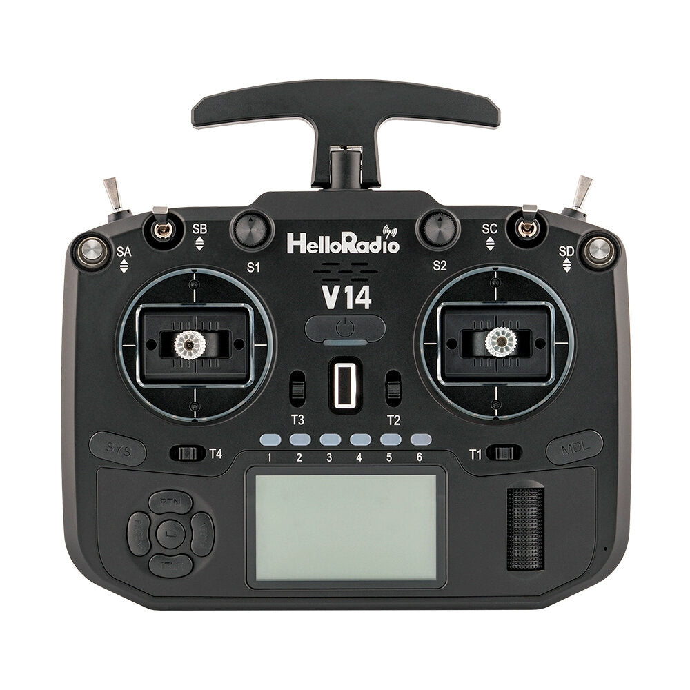 HelloradioSky V14 Pro 2.4GHz EdgeTX 14-channel FPV drone radio transmitter, front view with LCD