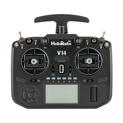 HelloradioSky V14 Pro 2.4GHz EdgeTX 14-channel FPV drone radio transmitter, front view with LCD