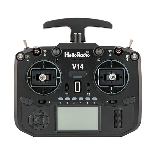 HelloradioSky V14 Pro 2.4GHz EdgeTX 14-channel FPV drone radio transmitter, front view with LCD
