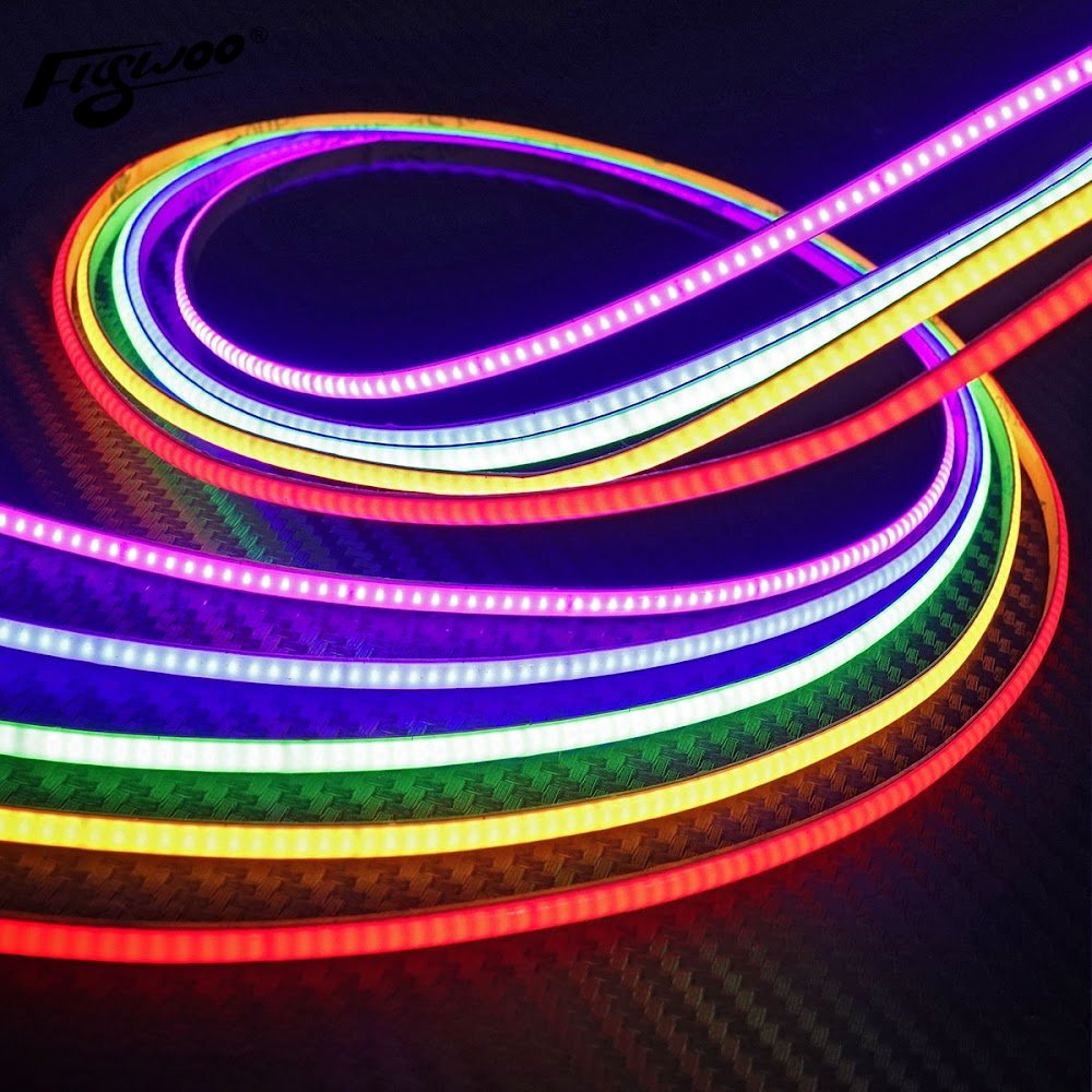 1PC DC12V Neon LED Strip Light, Coiled DC 12V neon-style LED strip light with continuous diffused glow in multiple colors on a dark surface