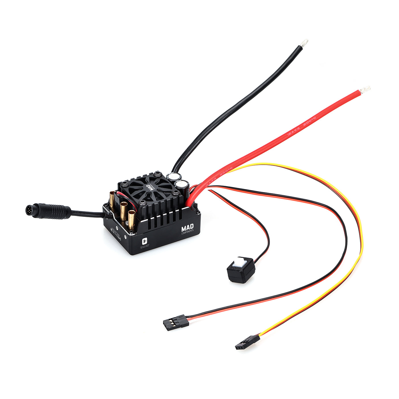 MAD MAX2 140A HV 2-4S Brushless Sensored ESC, MAD MAX2 brushless sensored ESC with cooling fan, red/black power leads, and plug-in signal cables