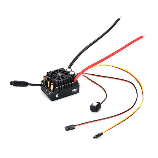 MAD MAX2 140A HV 2-4S Brushless Sensored ESC, MAD MAX2 brushless sensored ESC with cooling fan, red/black power leads, and plug-in signal cables