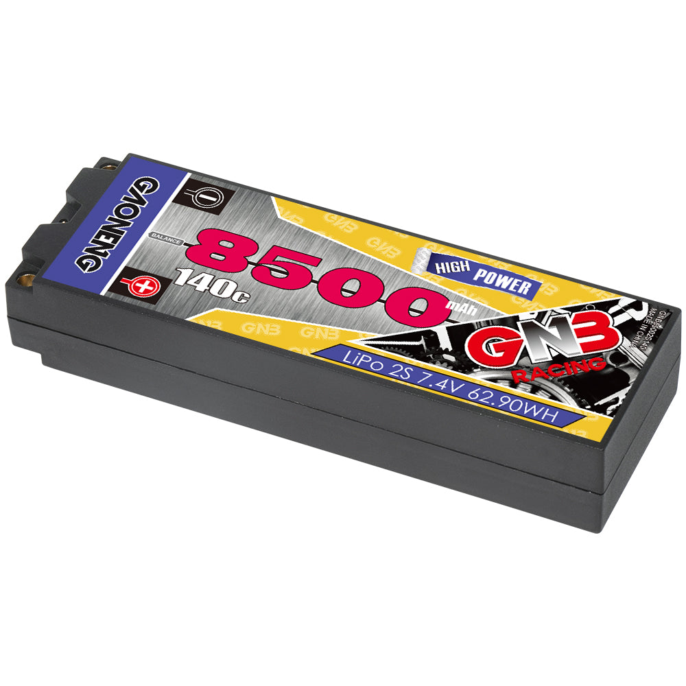 GNB 8500mAh 140C 2S hard case LiPo battery, angled top view showing label and case