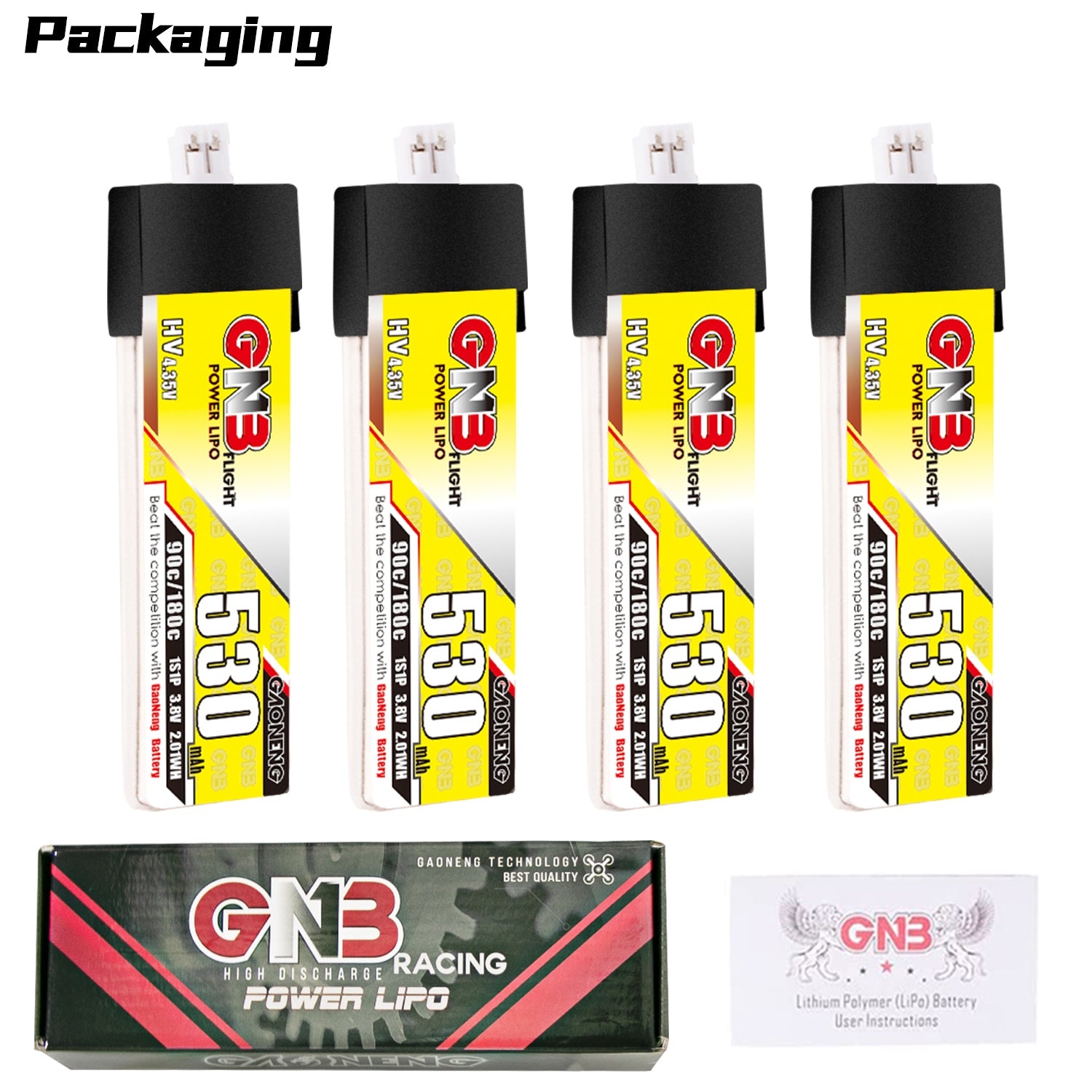 Packaging contents: 4x GNB 530 LiHV batteries, GNB Racing Power LiPo box, and user instructions card
