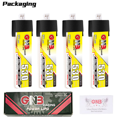 Packaging contents: 4x GNB 530 LiHV batteries, GNB Racing Power LiPo box, and user instructions card
